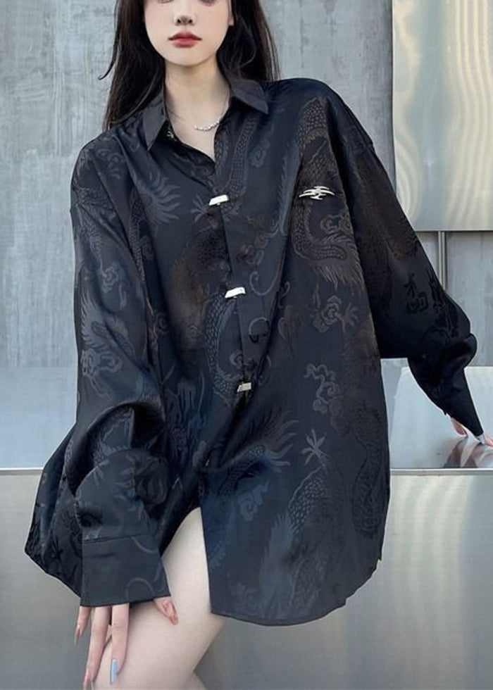 Plus Size Black Oversized Jacquard Silk Shirt Tops Fall