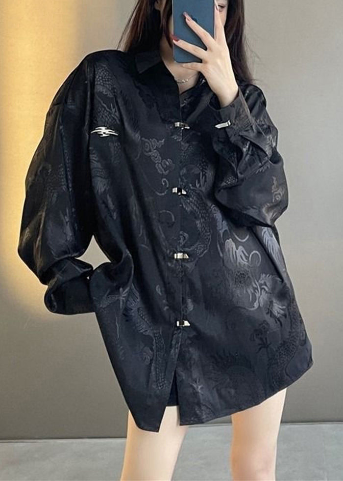 Plus Size Black Oversized Jacquard Silk Shirt Tops Fall