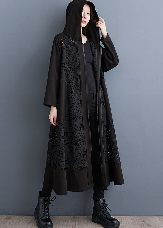 Plus Size Black Oversized Patchwork Hollow Out Cotton Coat Spring