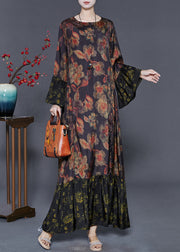 Plus Size Black Oversized Patchwork Print Silk Maxi Dresses Flare Sleeve