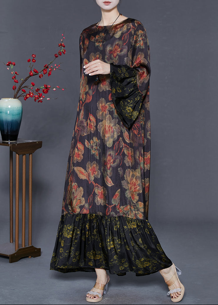 Plus Size Black Oversized Patchwork Print Silk Maxi Dresses Flare Sleeve