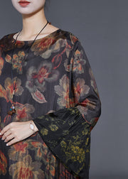 Plus Size Black Oversized Patchwork Print Silk Maxi Dresses Flare Sleeve