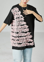 Plus Size Black Oversized Patchwork Ruffled Cotton Top Summer