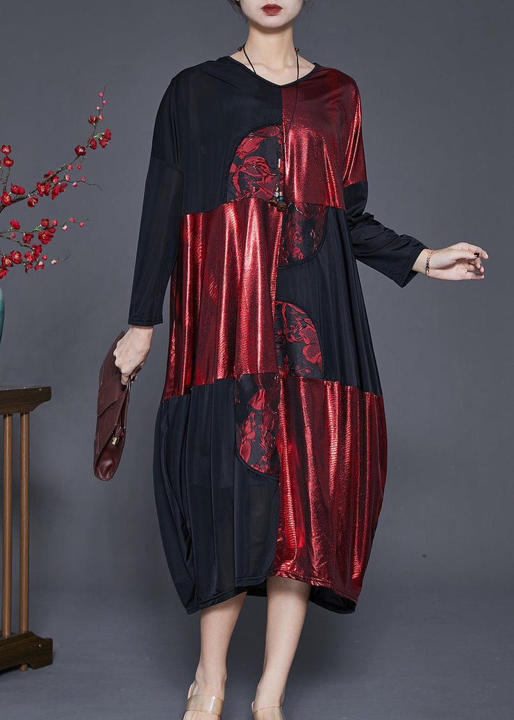 Plus Size Black Oversized Patchwork Silk Holiday Dress Spring