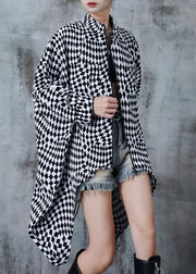 Plus Size Black Oversized Plaid Cotton Trench Coats Spring