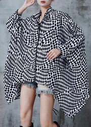 Plus Size Black Oversized Plaid Cotton Trench Coats Spring