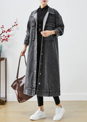 Plus Size Black Oversized Pockets Denim Trench Coats Fall