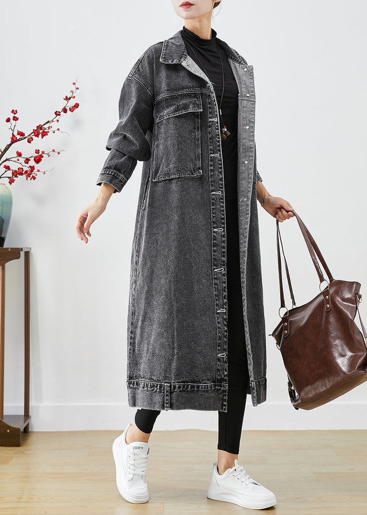 Plus Size Black Oversized Pockets Denim Trench Coats Fall