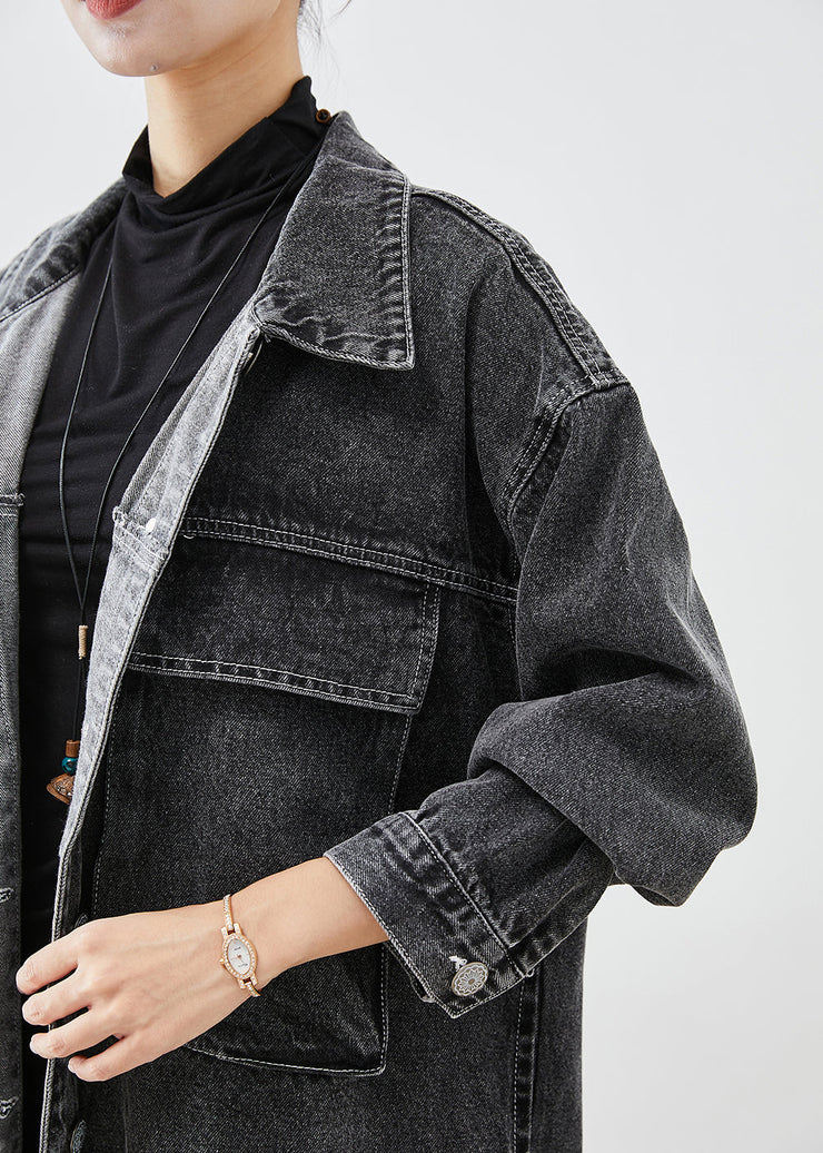 Plus Size Black Oversized Pockets Denim Trench Coats Fall