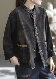 Plus Size Black Oversized Pockets Patchwork Cotton Denim Coats Fall