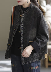 Plus Size Black Oversized Pockets Patchwork Cotton Denim Coats Fall