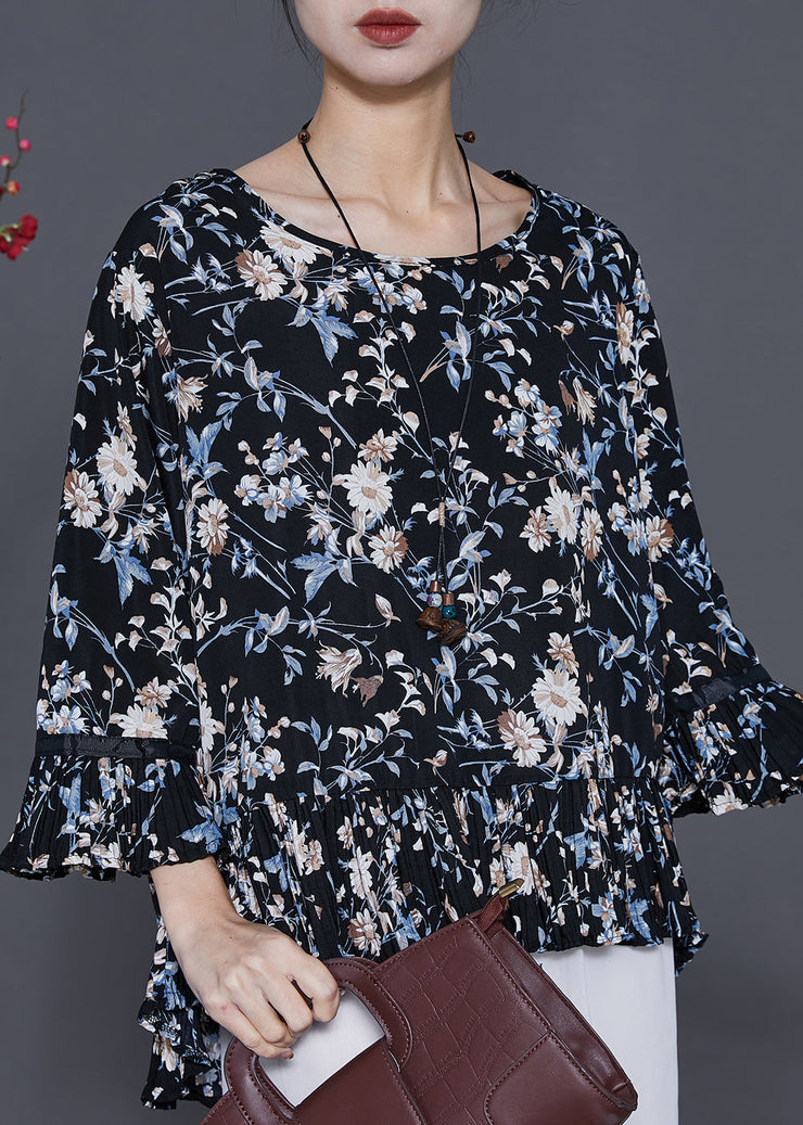 Plus Size Black Oversized Print Chiffon Blouses Summer