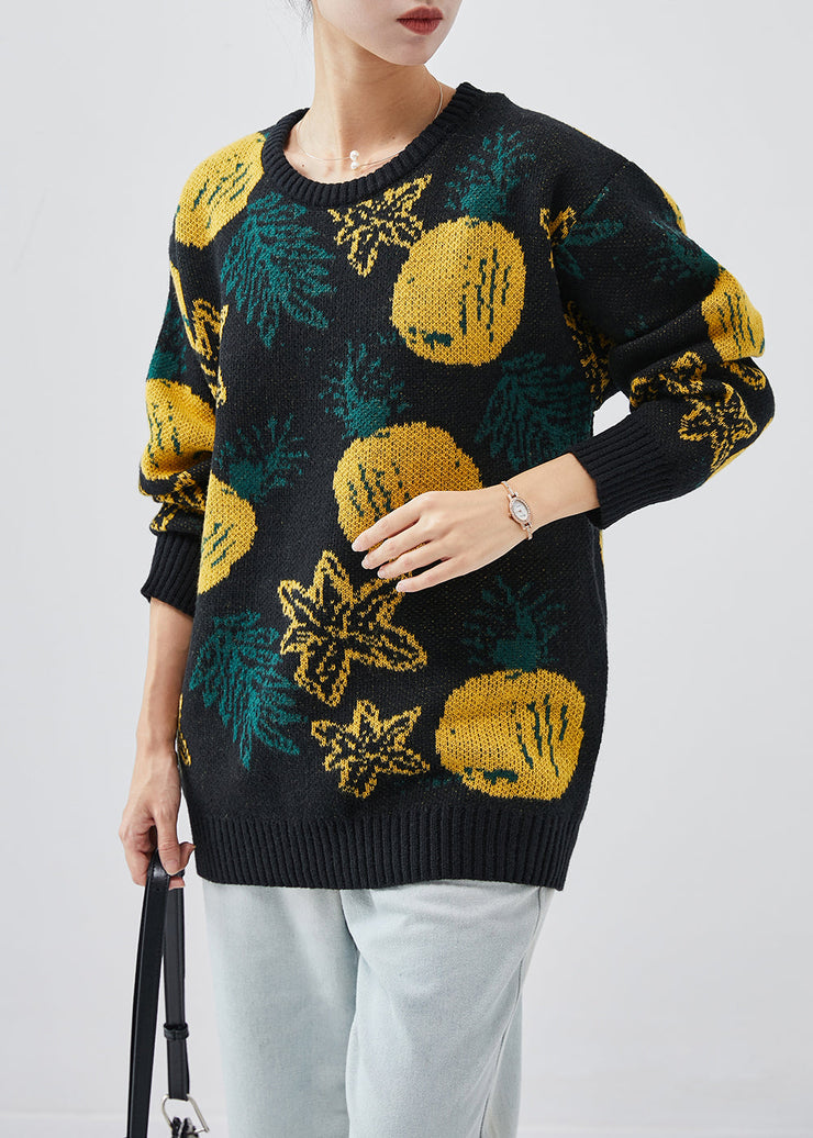 Plus Size Black Oversized Print Knit Sweater Tops Winter