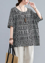 Plus Size Black Oversized Print Linen Tanks Half Sleeve