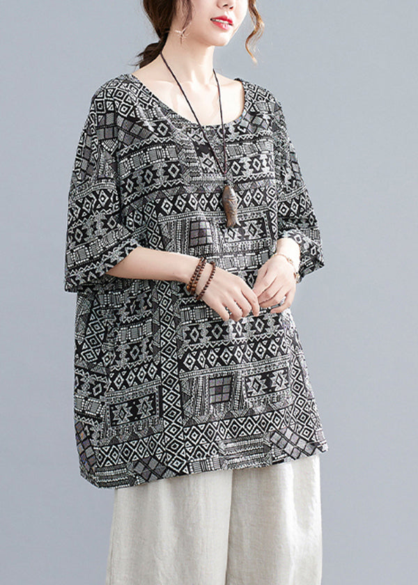 Plus Size Black Oversized Print Linen Tanks Half Sleeve