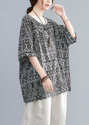 Plus Size Black Oversized Print Linen Tanks Half Sleeve