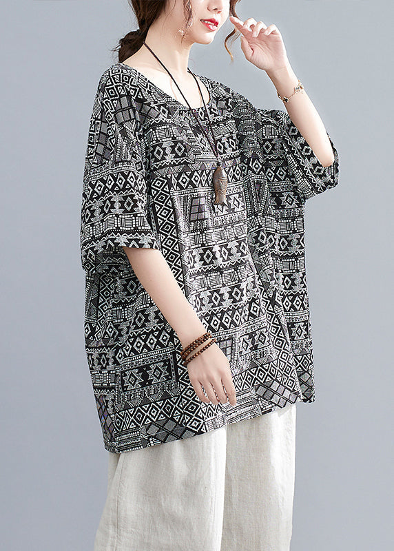 Plus Size Black Oversized Print Linen Tanks Half Sleeve