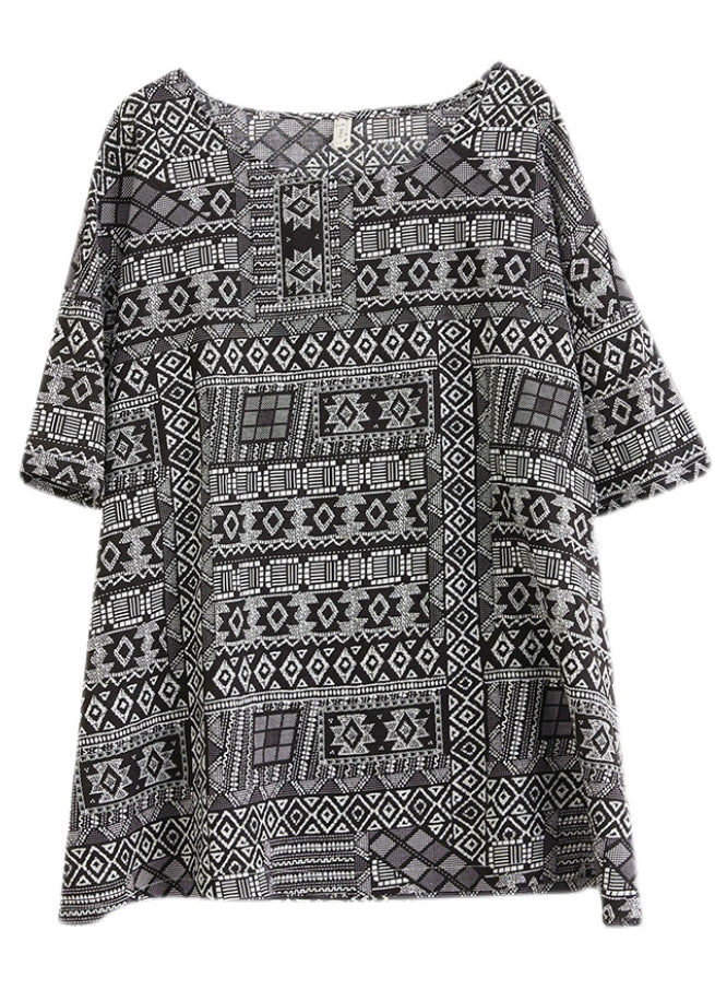 Plus Size Black Oversized Print Linen Tanks Half Sleeve