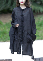 Plus Size Black Oversized Side Open Linen UPF 50+ Long Shirt Spring