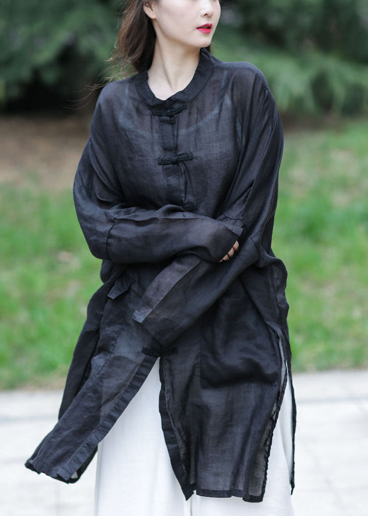 Plus Size Black Oversized Side Open Linen UPF 50+ Long Shirt Spring