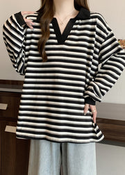 Plus Size Black Oversized Striped Cotton Blouses Fall