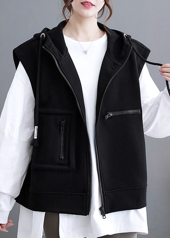 Plus Size Black Patchwork Pockets Hoodie Waistcoat Fall