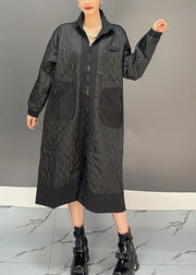 Plus Size Black Peter Pan Collar Embroidered Plaid Pockets Long Parka Winter