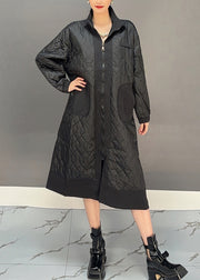 Plus Size Black Peter Pan Collar Embroidered Plaid Pockets Long Parka Winter