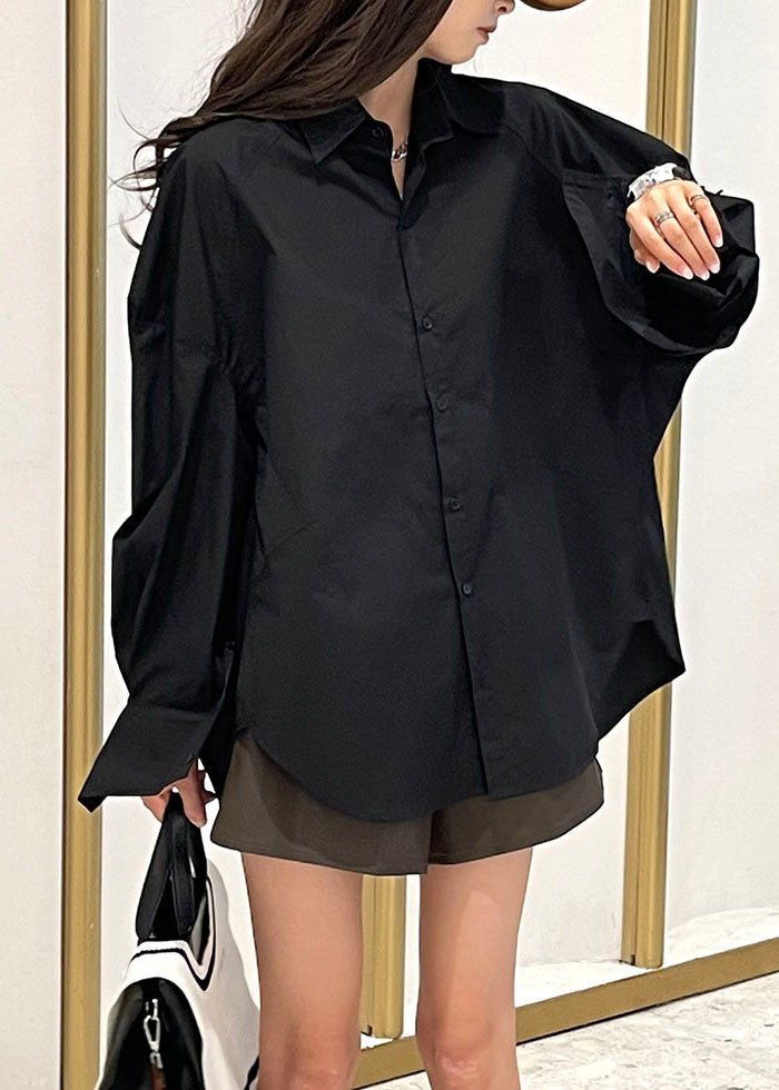 Plus Size Black Peter Pan Collar Side Open Shirt Long Sleeve