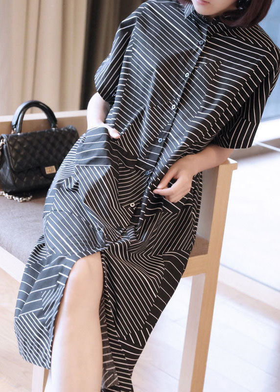 Plus Size Black Peter Pan Collar Striped Maxi Dresses Summer