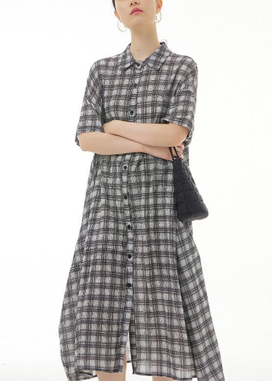 Plus Size Black Plaid Button Cotton Maxi Dresses Summer