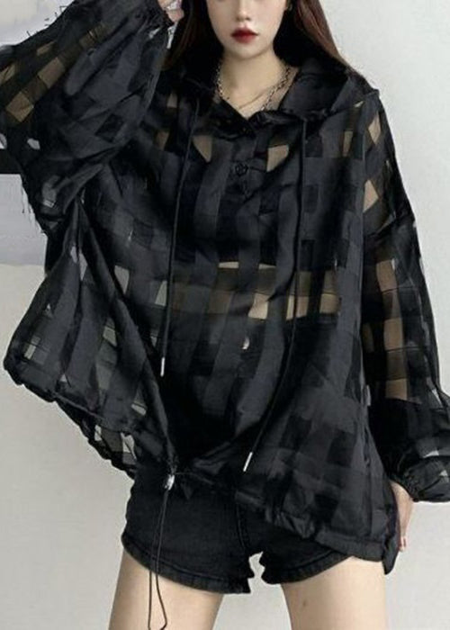 Plus Size Black Plaid Button Lace Up Thin Top Long Sleeve