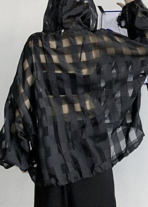 Plus Size Black Plaid Button Lace Up Thin Top Long Sleeve