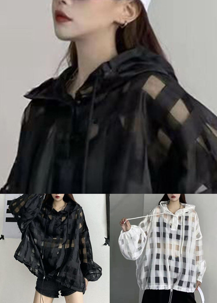 Plus Size Black Plaid Button Lace Up Thin Top Long Sleeve