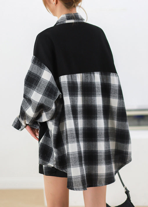 Plus Size Black Plaid Button Patchwork Cotton Shirt Fall