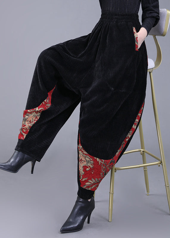 Plus Size Black Pockets Embroidered Corduroy Lantern Pants Fall