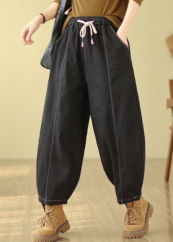 Plus Size Black Pockets Patchwork Warm Fleece Denim Pants Winter