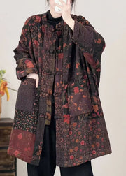 Plus Size Black Pockets Print Oriental Button Fine Cotton Filled Coat Winter