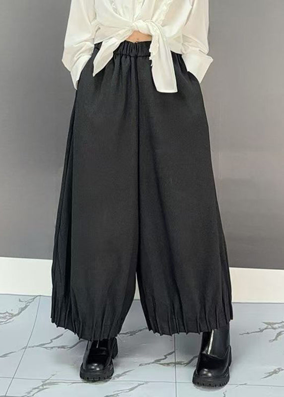 Plus Size Black Pockets Solid Wide Leg Pants Spring