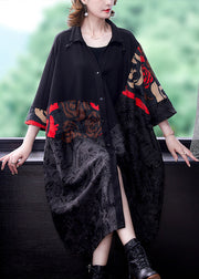 Plus Size Black Print Button Patchwork Cotton Long Coats Fall