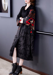 Plus Size Black Print Button Patchwork Cotton Long Coats Fall