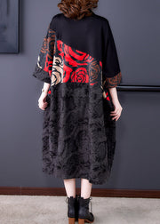 Plus Size Black Print Button Patchwork Cotton Long Coats Fall