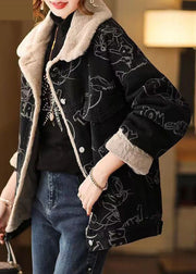 Plus Size Black Print Button Patchwork Warm Fleece Coat Winter