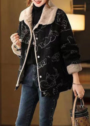 Plus Size Black Print Button Patchwork Warm Fleece Coat Winter