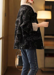 Plus Size Black Print Button Patchwork Warm Fleece Coat Winter