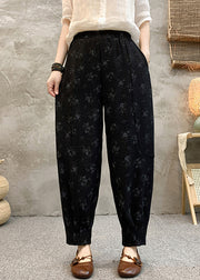Plus Size Black Print Elastic Waist Cotton Crop Pants Summer