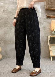 Plus Size Black Print Elastic Waist Cotton Crop Pants Summer