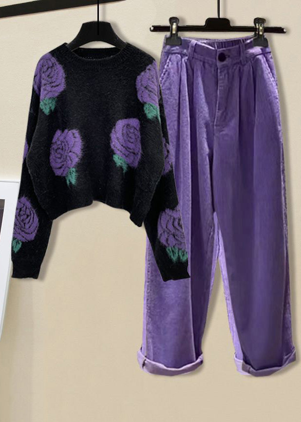 Plus Size Black Print O-Neck Cotton Knit Sweater And Straight Pants Two Pieces Set Winter