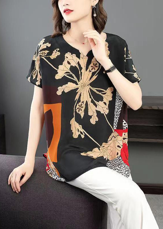 Plus Size Black Print Side Open Patchwork Silk T Shirt Summer