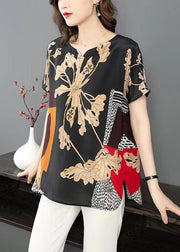 Plus Size Black Print Side Open Patchwork Silk T Shirt Summer